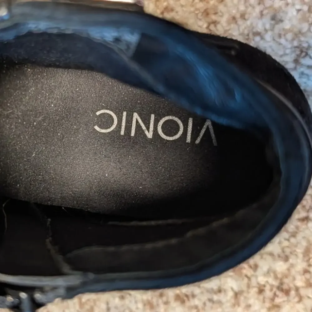 Vionic Shasta Womens 8.5 Black Leather Suede Ankle Boots Wedge Side Zip Buckle